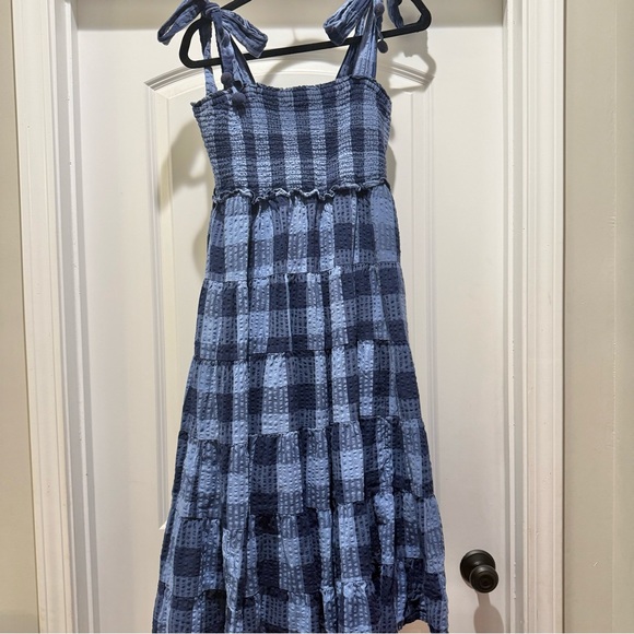 crown & ivy Dresses & Skirts - Crown & Ivy Blue Gingham Tiered Maxi Dress Smocked Tie Strap Cottagecore Large